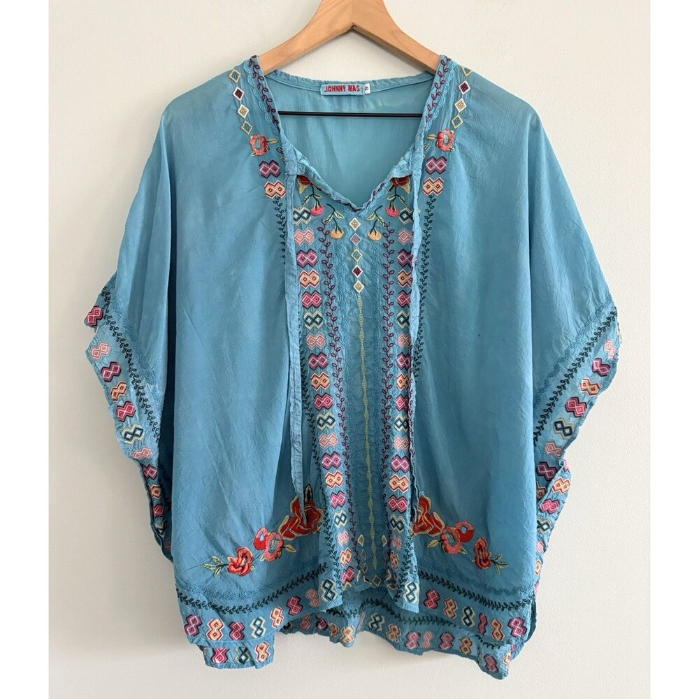 Johnny Was Embroidered Poncho Top Blue Floral Size Small Boho DAMAGED